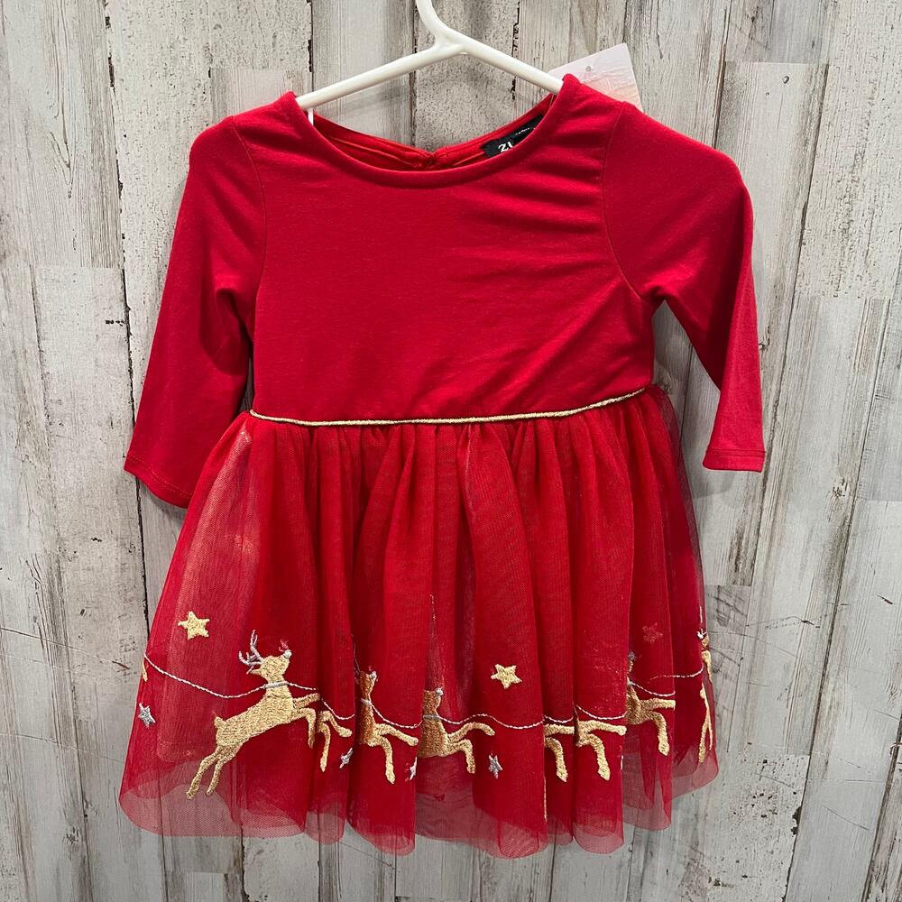 New! Zunie Red Christmas Long Sleeve Glitter Reindeer Dress 12 Months Tulle